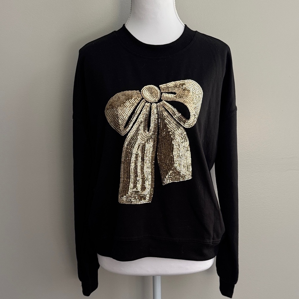 Philosophy Black Top with Gold Sequin Bow size S